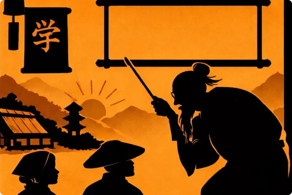 既存カリキュラムのまま授業を行う教師と生徒のイラスト