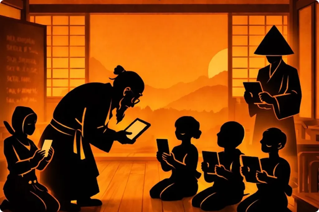 タブレットを使って学習する教師と子どもたちのイラスト