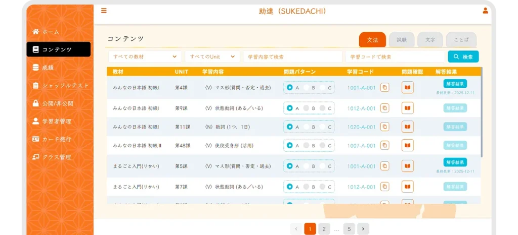 成績や課題を管理する一覧画面