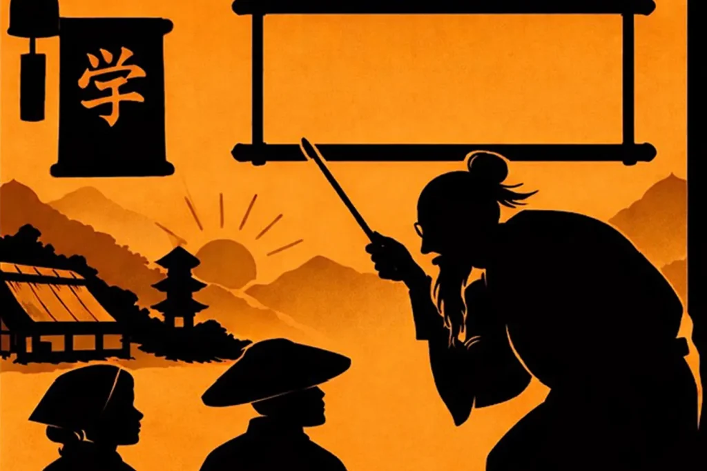 既存カリキュラムのまま授業を行う教師と生徒のイラスト